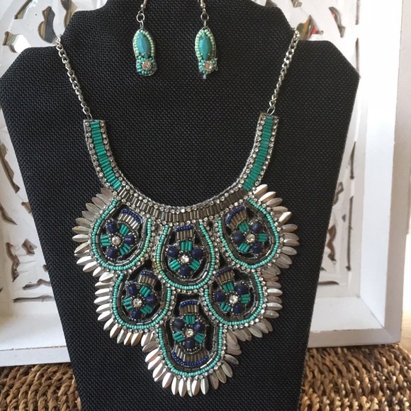 Jewelry - Boho Beaded Statement Bib Necklace & Earrings Set